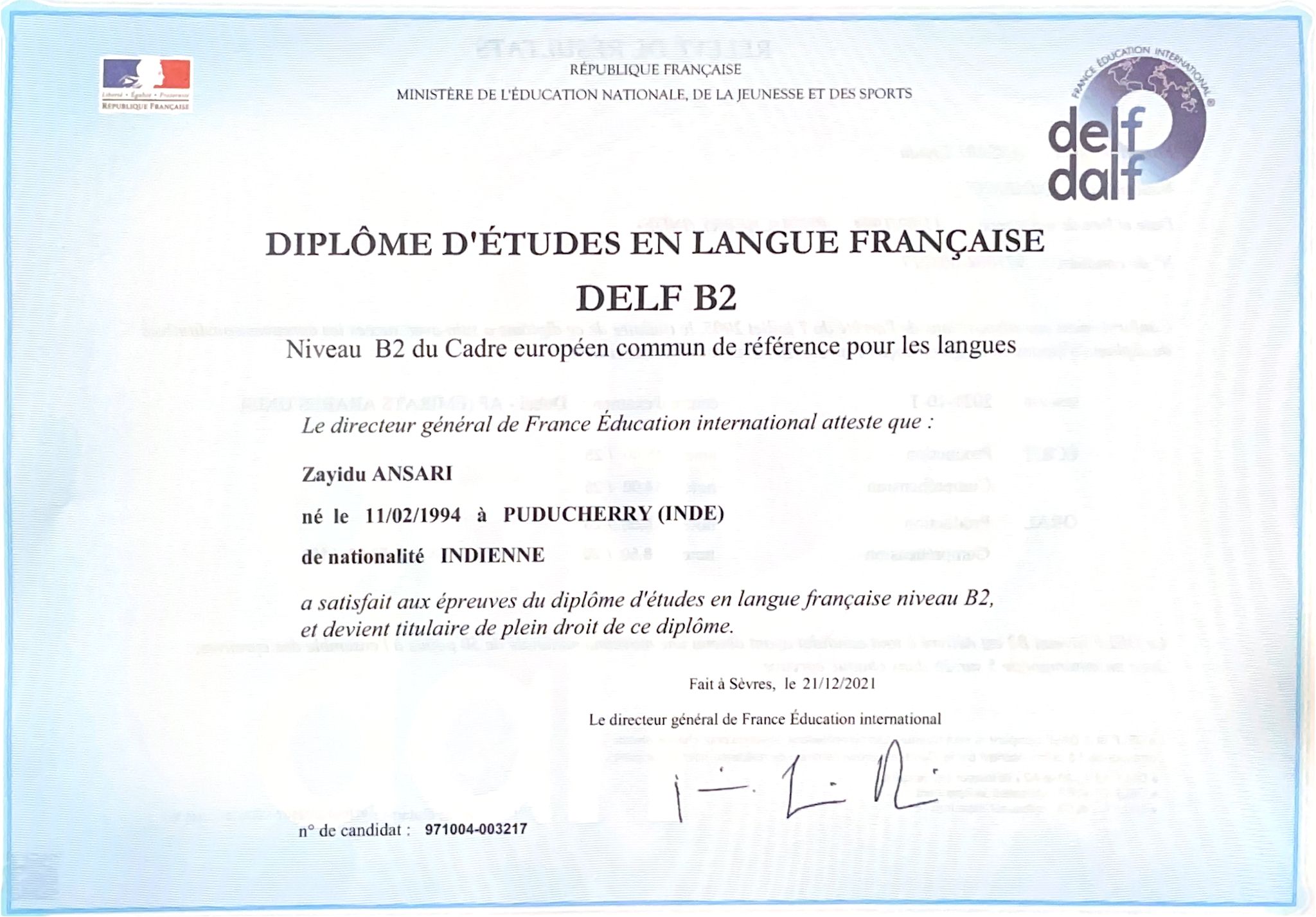 Diplôme DELF B2 Certificate